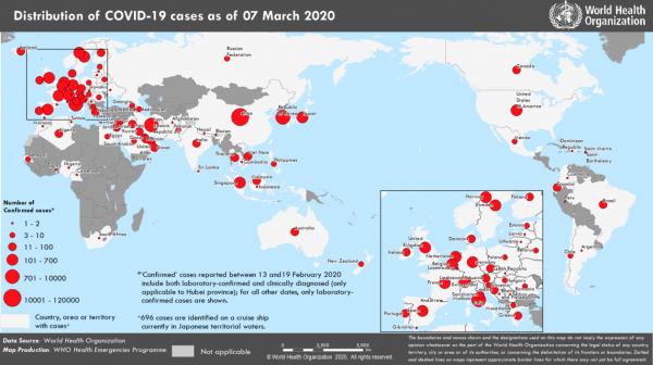 ВОЗ: В мире зарегистрировано 101,9 тыс. случаев заражения коронавирусом, умерли 3,5 тыс. человек
