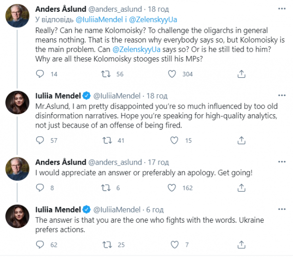 Мендель поспорила в Twitter с экономистом Аслундом из-за статьи о борьбе с олигархами