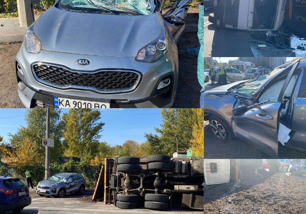 В Киеве грузовик потерял управление и перевернулся, упав на легковушку KIA. Фото: KIEVMAP