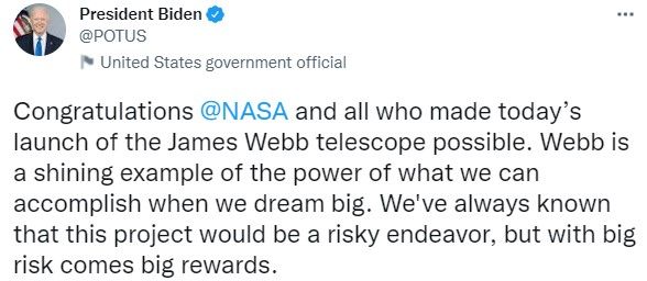 
"Мечтаем о многом". Байден поздравил NASA с запуском самого дорого телескопа James Webb 