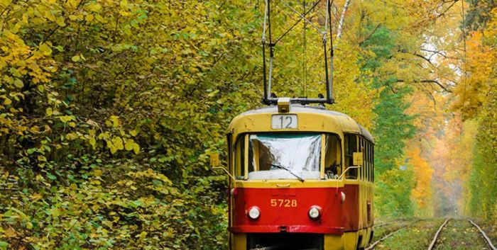трамвай, рейки, осінь