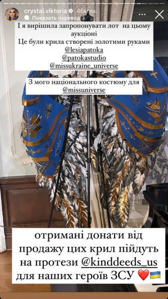 "Міс Україна Всесвіт" продала крила свого костюма за 10 тисяч доларів, щоб допомогти військовим