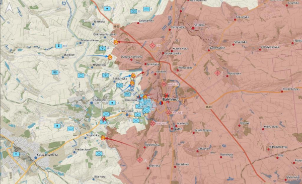 
Генштаб: Триває штурм Бахмута, Росія знову атакує дороги на Часів Яр та Костянтинівку — карта 