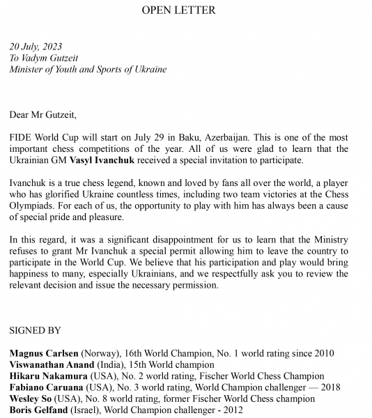 
Мінспорту не пускає шахового гросмейстера Іванчука на Кубок світу в Баку – FIDE 