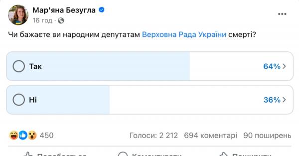 "Слуга народу" Безугла здивувала соцмережу опитуванням "Чи бажаєте ви народним депутатам смерті?"