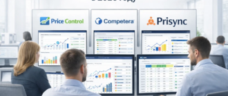 Современный офис e-commerce с маркетологами за компьютерами, на экранах дашборды анализа цен и сравнение конкурентов, сервисы Price Control, Competera и Prisync