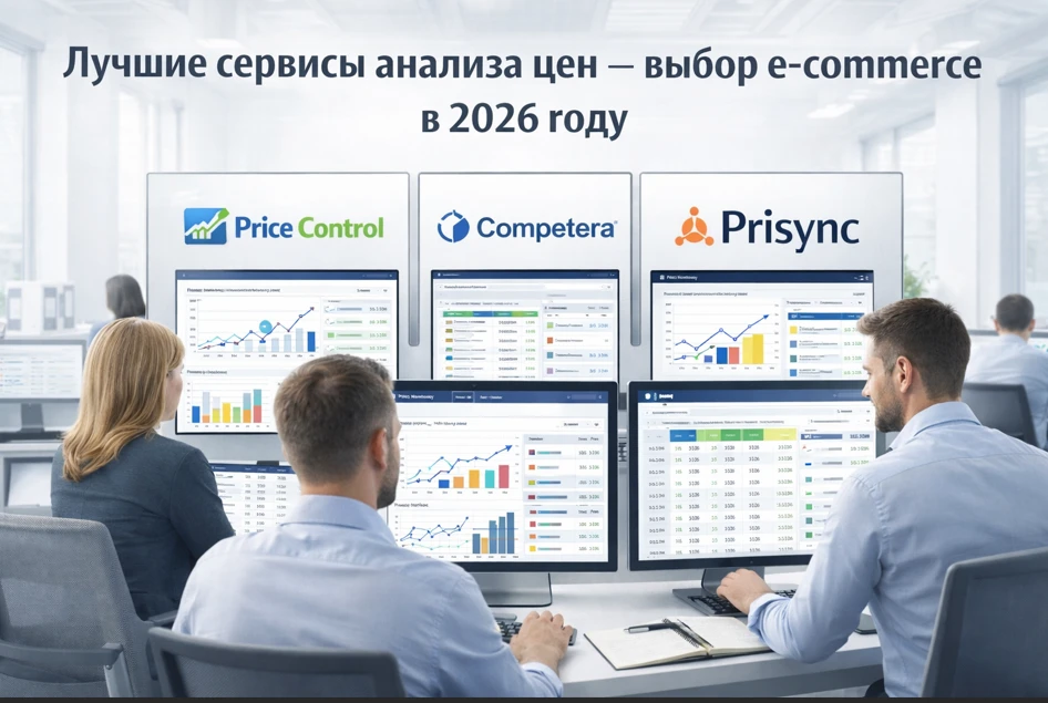 Современный офис e-commerce с маркетологами за компьютерами, на экранах дашборды анализа цен и сравнение конкурентов, сервисы Price Control, Competera и Prisync