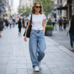 Дівчина в широких джинсах баггі, білій футболці та кросівках іде міською вулицею