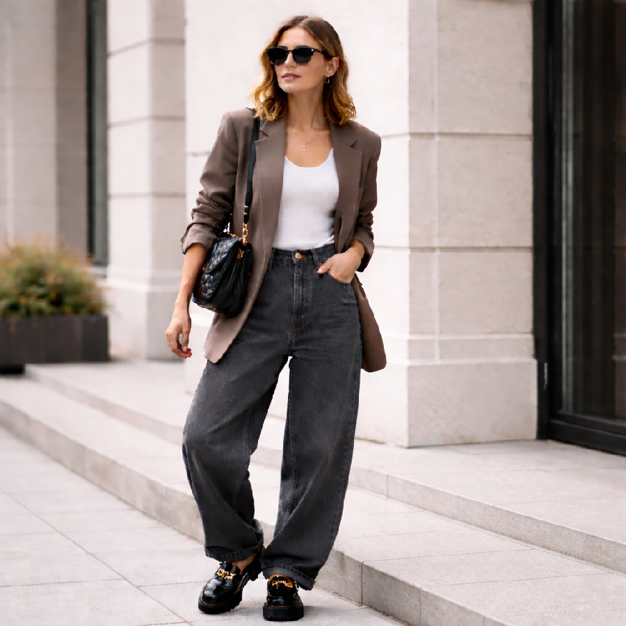 Стильні джинси баггі жіночі у повсякденному образі з жакетом та лоферами