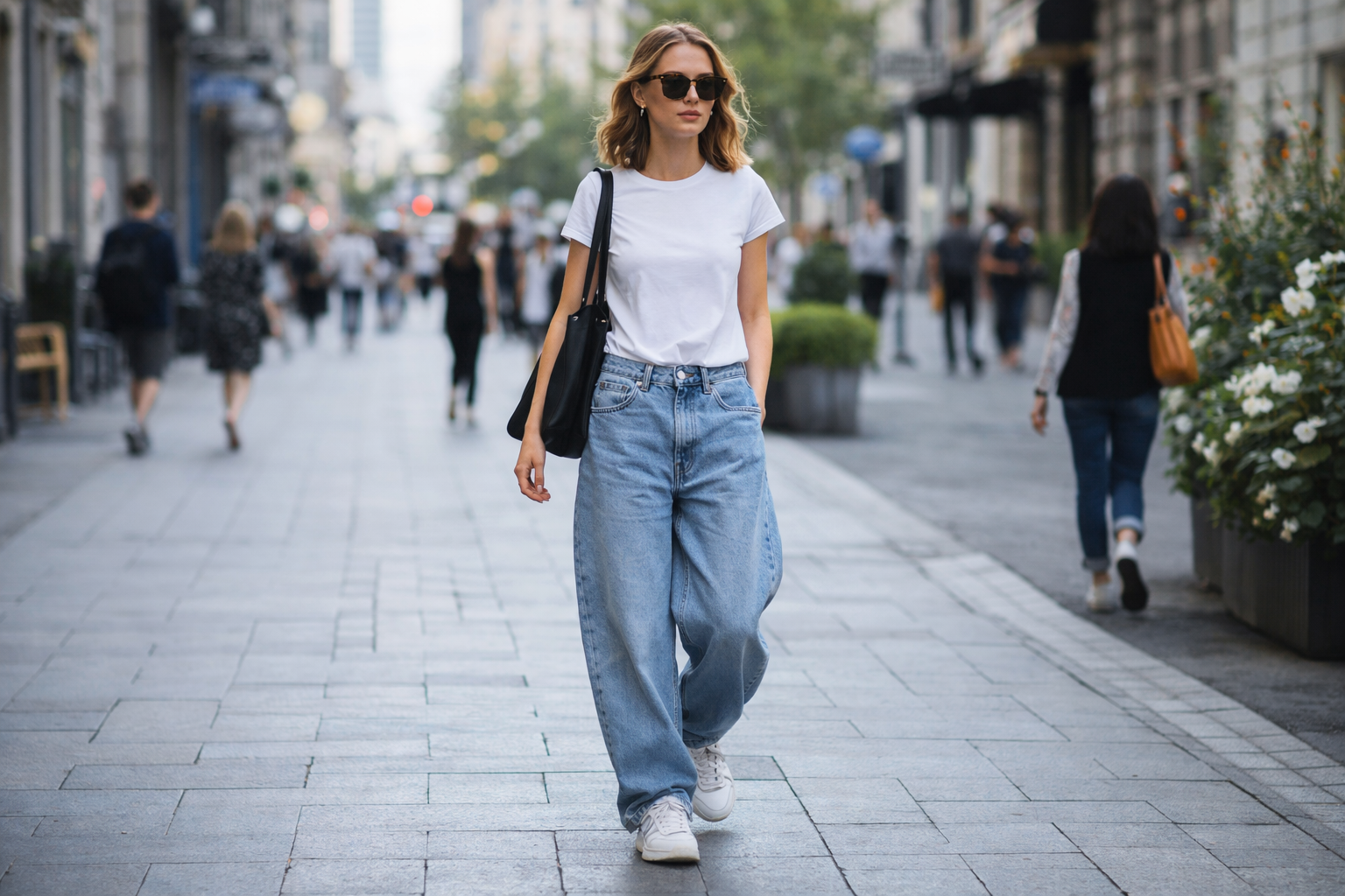 Дівчина в широких джинсах баггі, білій футболці та кросівках іде міською вулицею